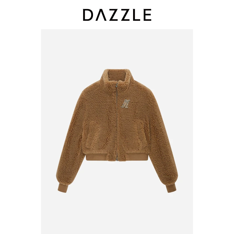 DAZZLE 地素大衣冬季深卡其色羊羔毛短大衣2H4G113