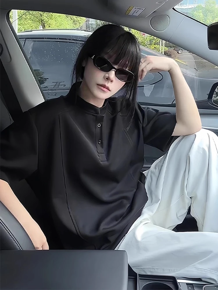 黑色亨利领短袖polo衫男款痞帅高级感美式正肩t恤boxy拼接半截袖