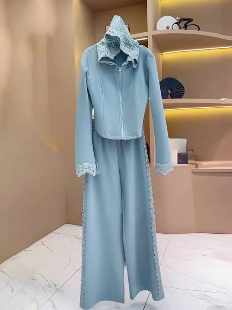 休闲运动套装女2025新款时尚洋气显瘦减龄连帽蕾丝拼接卫衣两件套