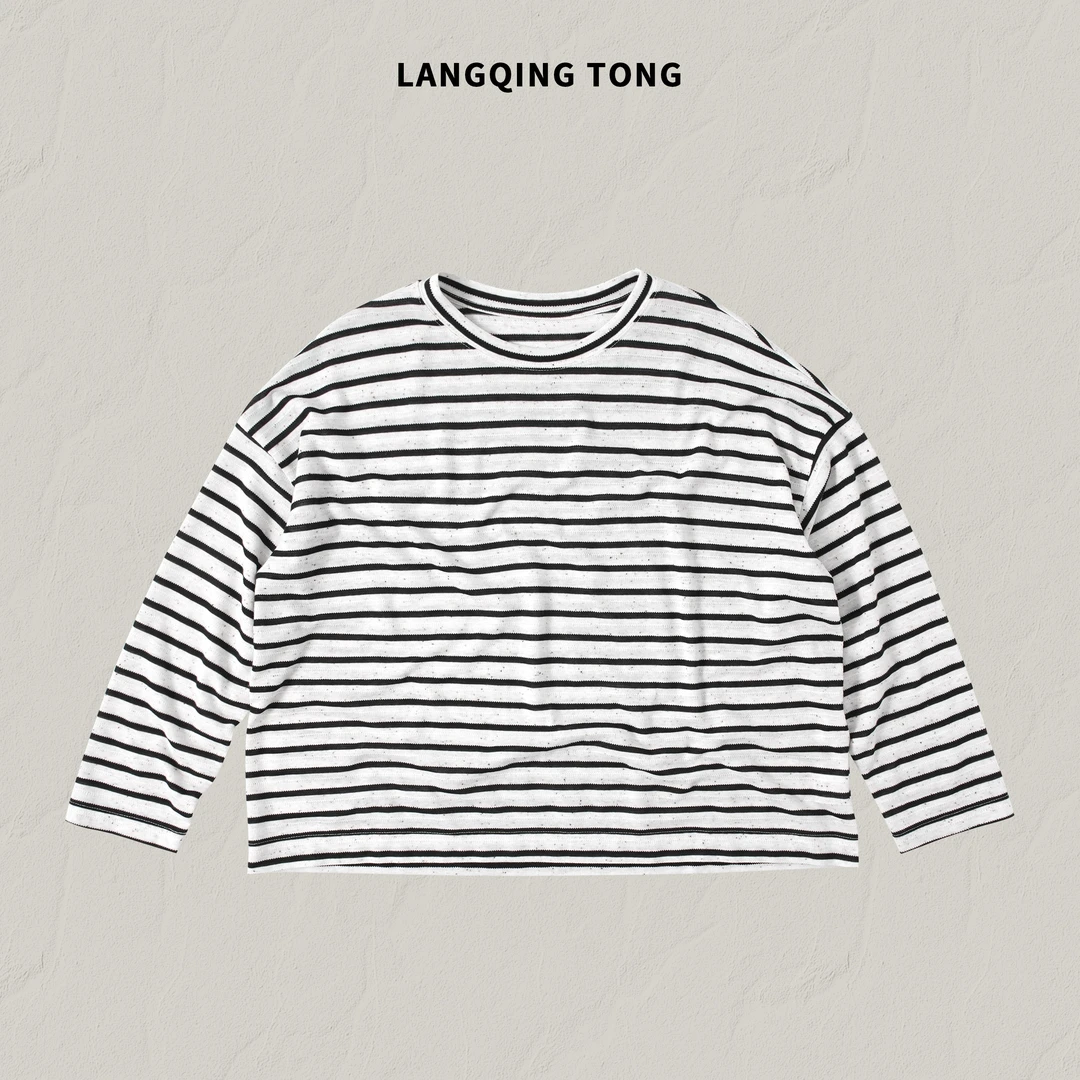 浪清/女装推荐 莉塞薇宽松圆领条纹上衣45582#