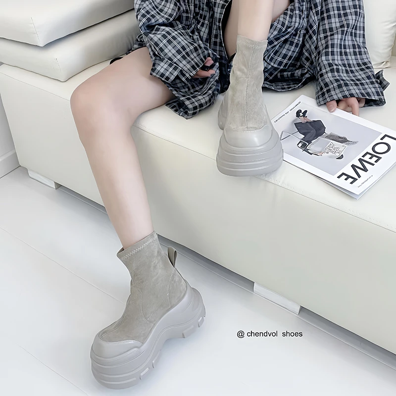 复古短靴女秋2025新款英伦风厚底显瘦中筒靴弹力瘦瘦靴SJ1025-2