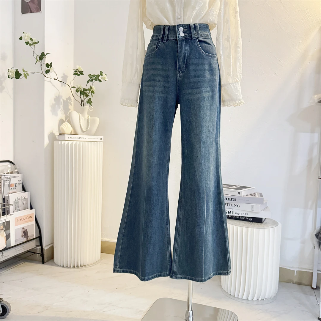 复古微喇牛仔裤女2025秋双扣高腰弹力宽松不贴腿显瘦喇叭拖地裤子