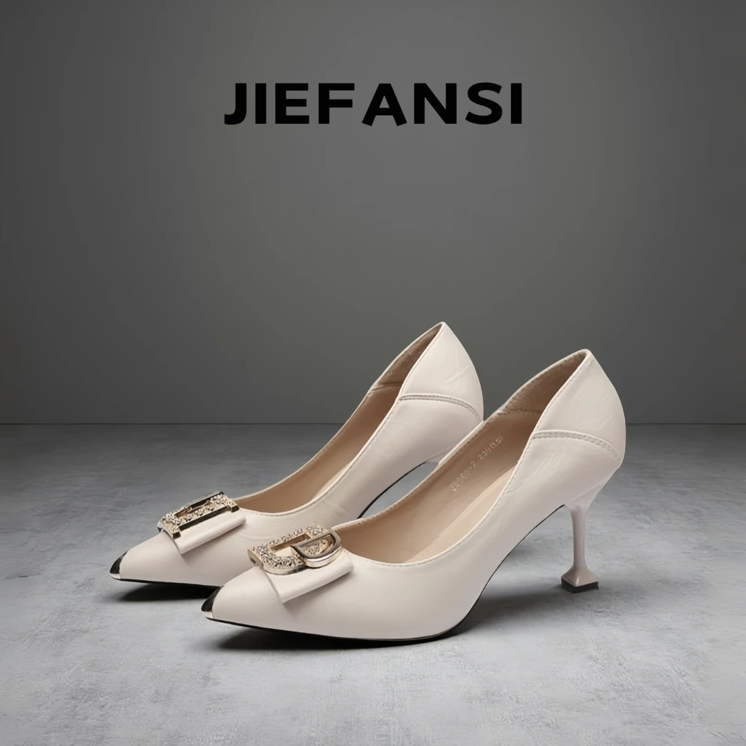 法式真皮浅口高跟鞋女2025春夏季新款尖头中跟细跟百搭气质小单鞋