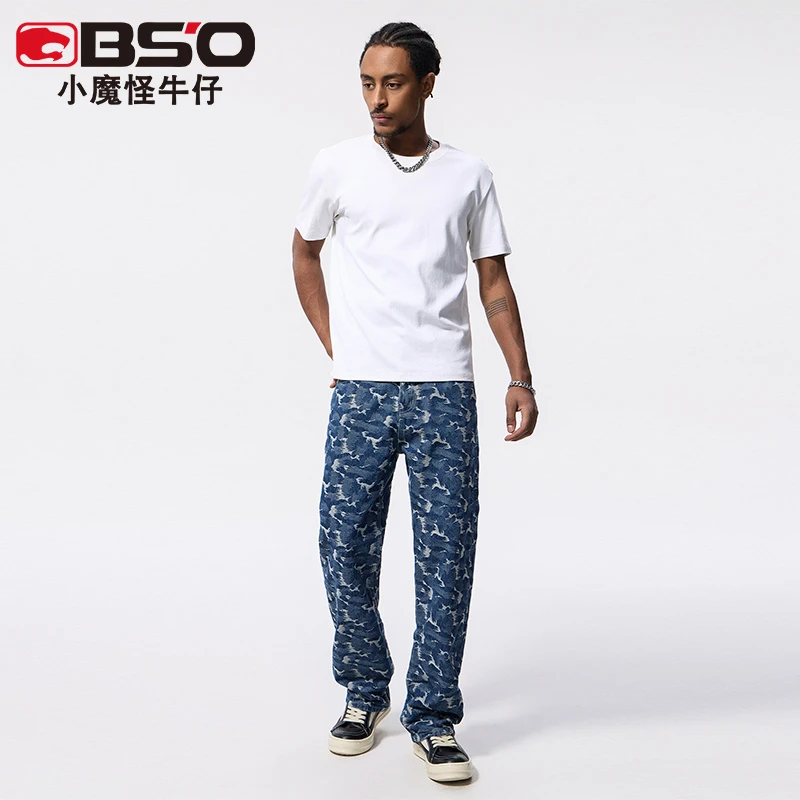 小魔怪2025春季新款美式复古潮牌高街宽松直筒提花牛仔裤男生长裤