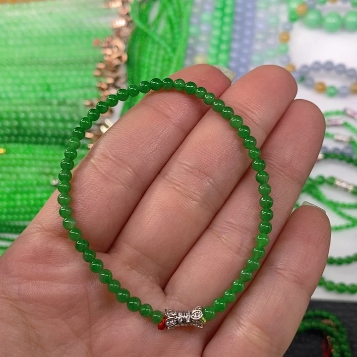 翡翠未镶嵌颈饰缅甸天然翡翠阳绿小米珠手链3.6