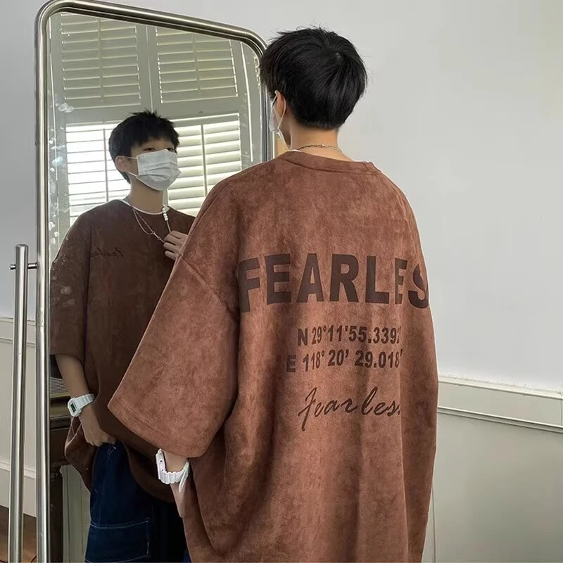 字母印花复古半袖短袖T恤美式麂皮绒体恤打底衫上衣新款潮