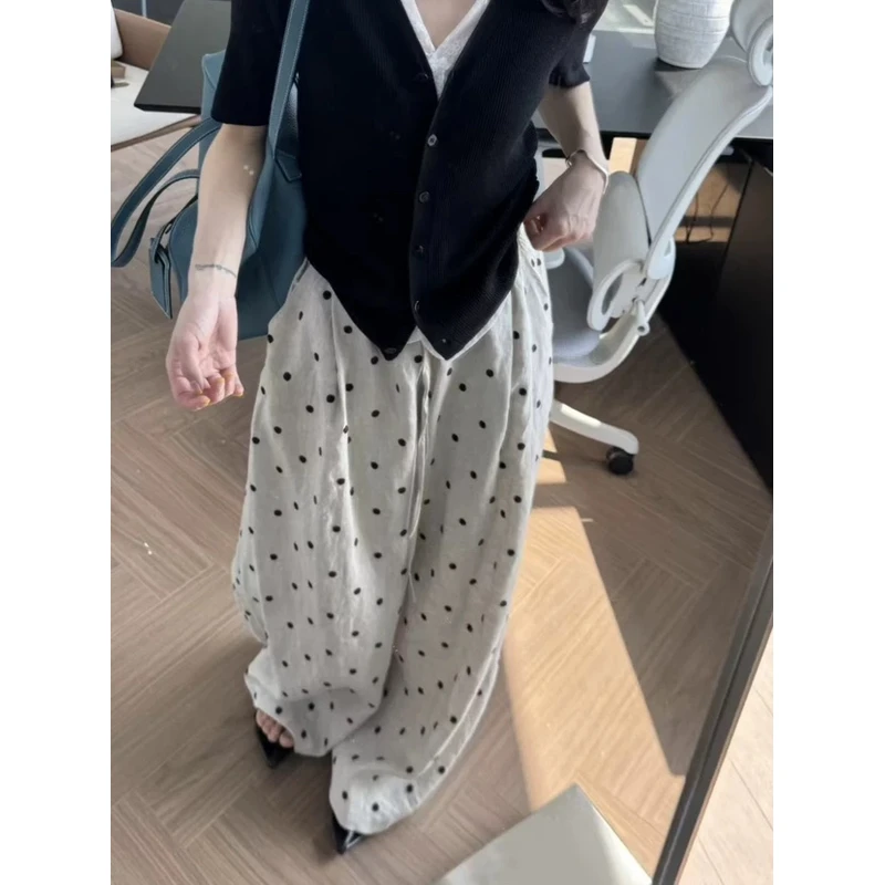 515-1休闲白色波点拼接夏季时尚休闲亚麻阔腿裤