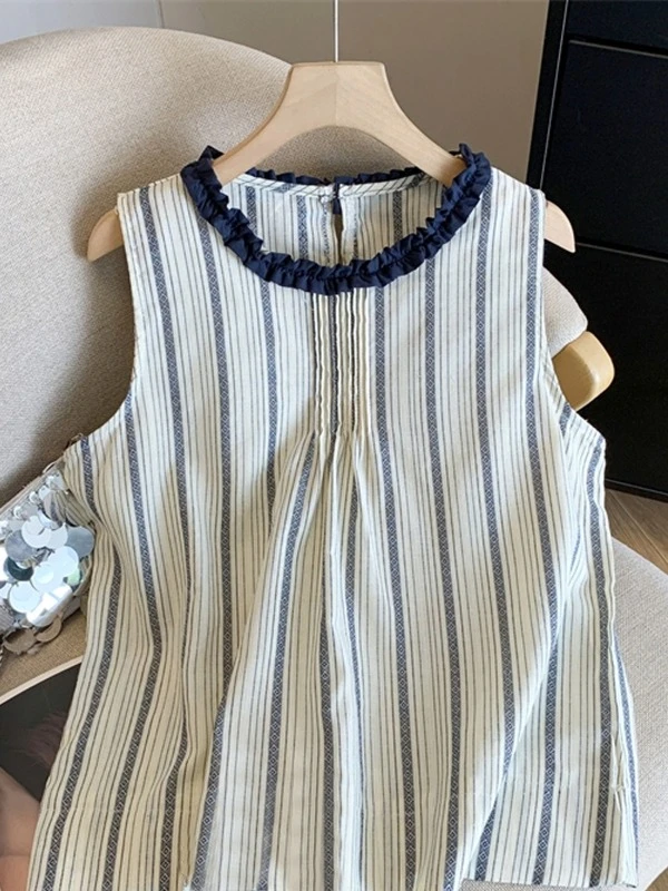 法式气质圆领背心吊带花边拼接竖条纹宽松遮肉百搭无袖上衣娃娃衫