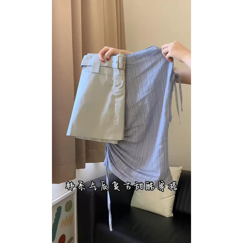 2025夏季新款韩系条纹系带修身T恤上衣高腰工装半身短裙两件套女