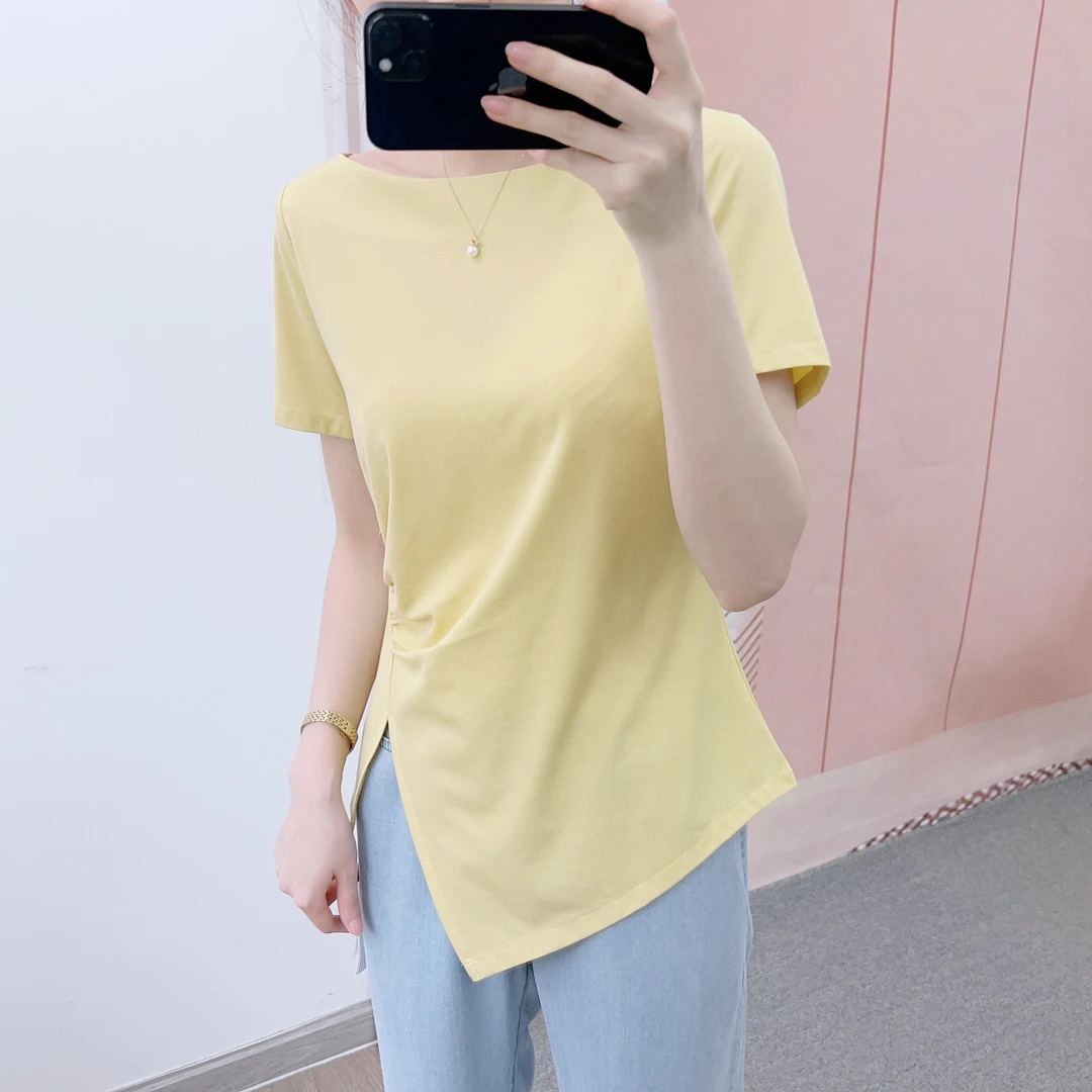 858清B4夏季撤柜女装休闲韩版百搭圆领纯色不规则开叉T恤