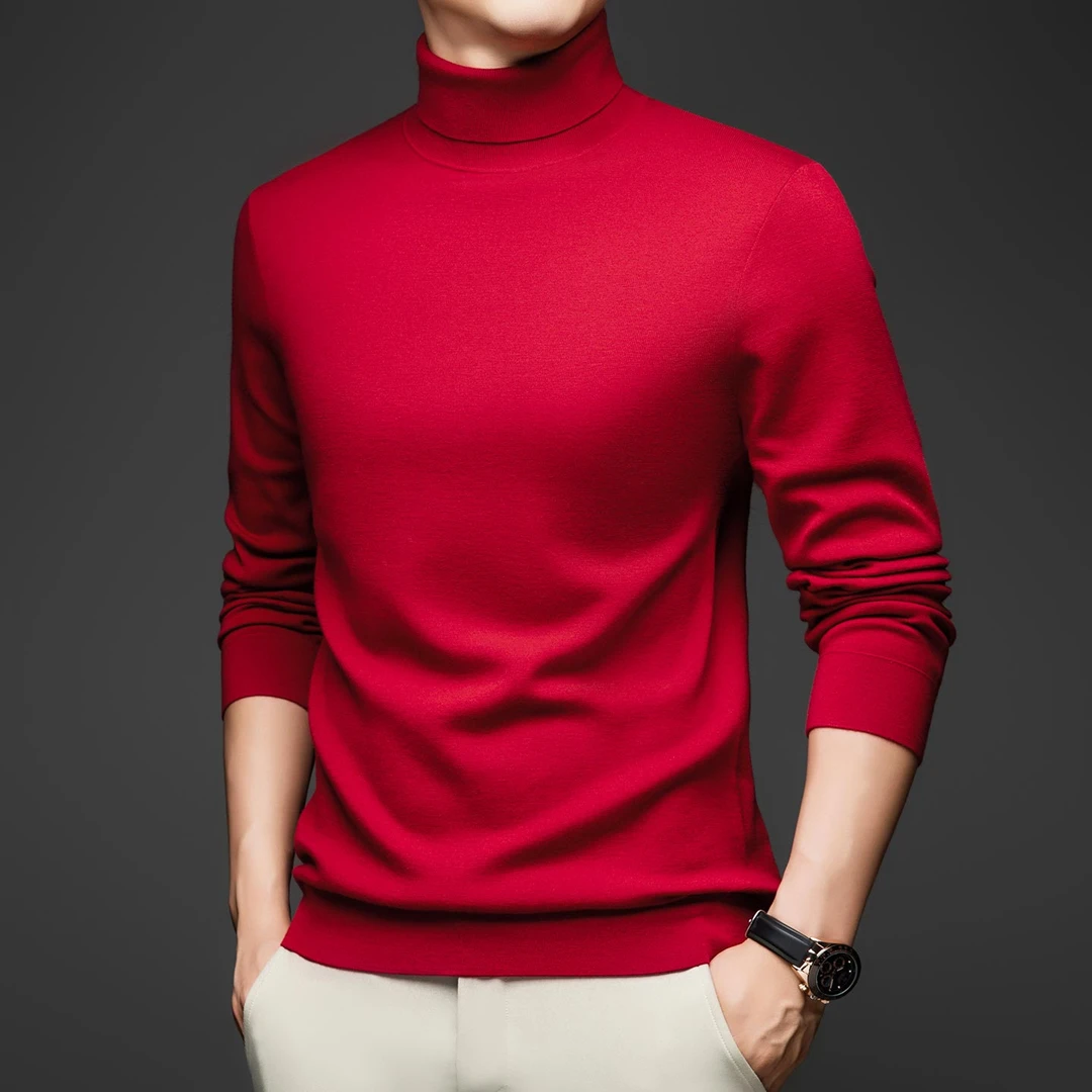 80支精纺高领厚款羊毛衫男2025冬季中国红休闲毛衣内搭针织打底衫