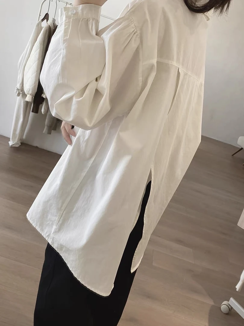 棉质衬衫女士春秋季新款宽松显瘦韩版前短后长简约小众设计感上衣