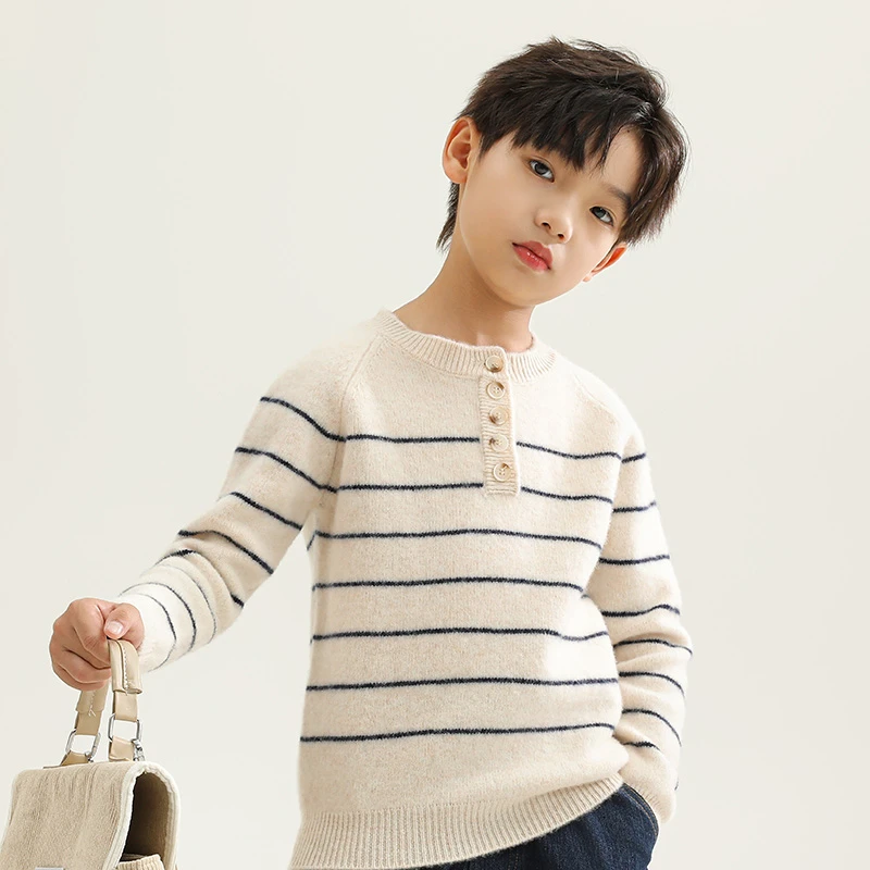 冬季新款儿童羊毛衫宝宝针织男女童纽扣条纹圆领套头打底毛衣