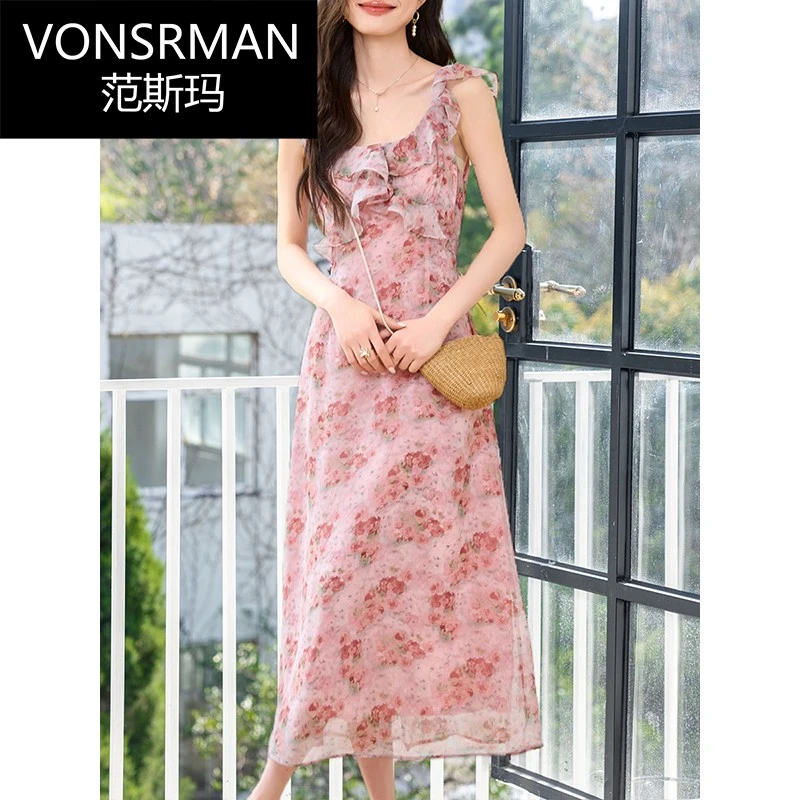 VONSRMAN2025新款爆款今年流行的漂亮超好看大领口碎花背带连衣裙