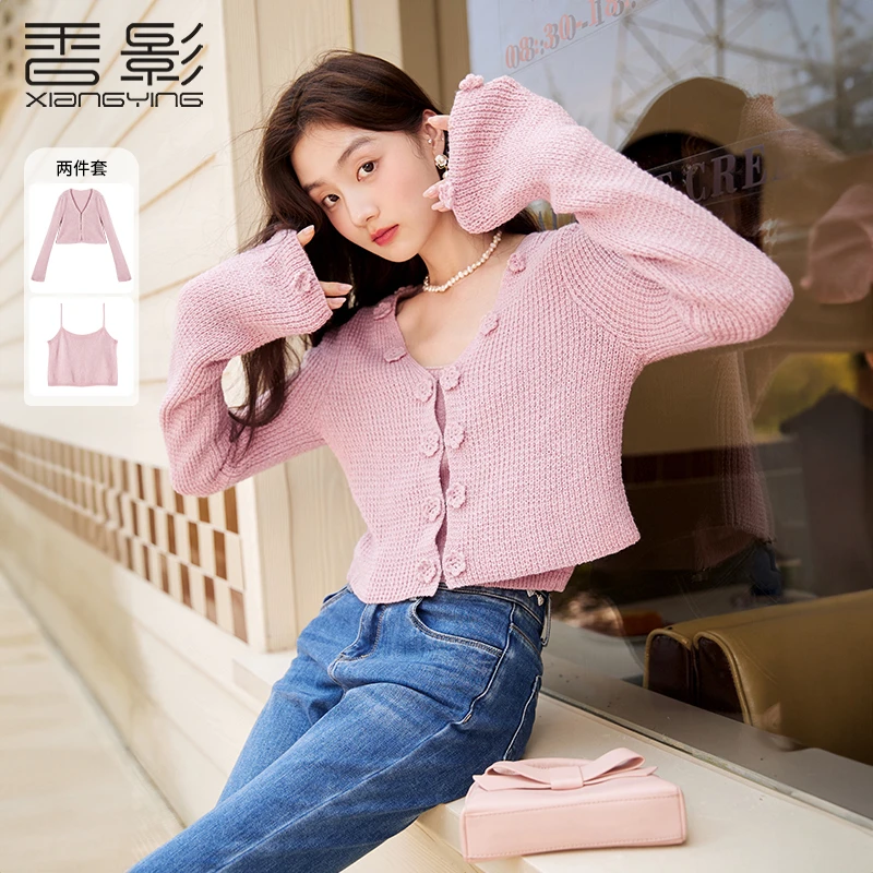 【直播专享】T833196毛针织衫 香影v领粉色针织开衫女新款立体