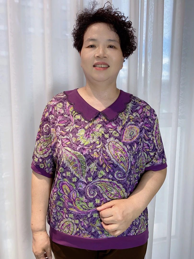 气质中老年妈妈装夏季民族风时尚紫色羽毛衬衫显白洋气上衣879