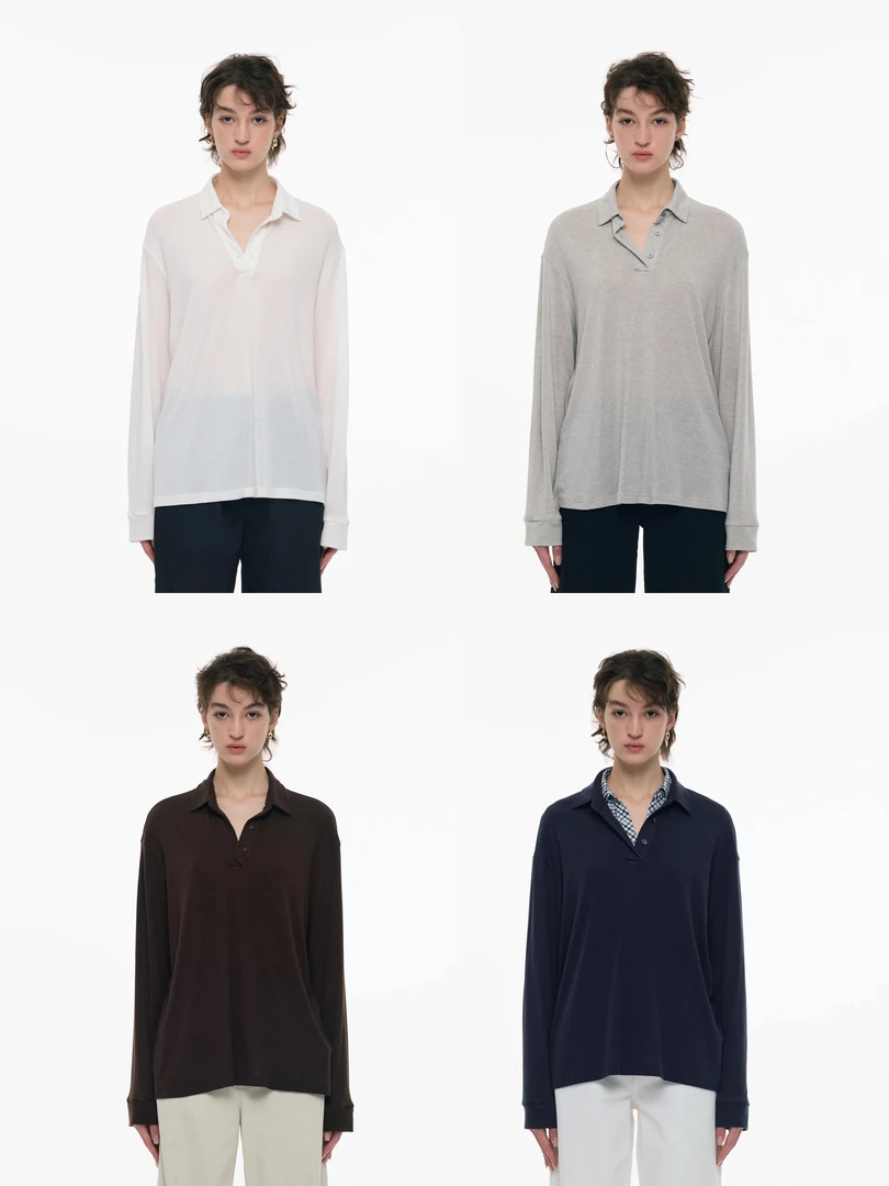OPEN ENROLLMENT Any Shirt 微透绵羊毛Polo领打底衫 灰/白/棕/蓝