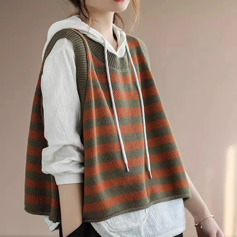 文艺复古棉线针织衫条纹无袖马甲女士春秋季新款大码马夹坎肩毛衣