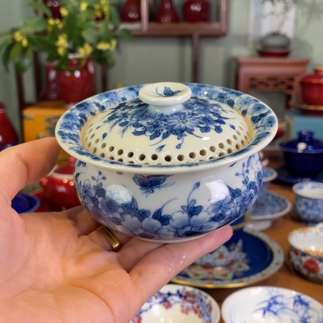 清欢柴窑，青花蝶恋花瀑布盖碗