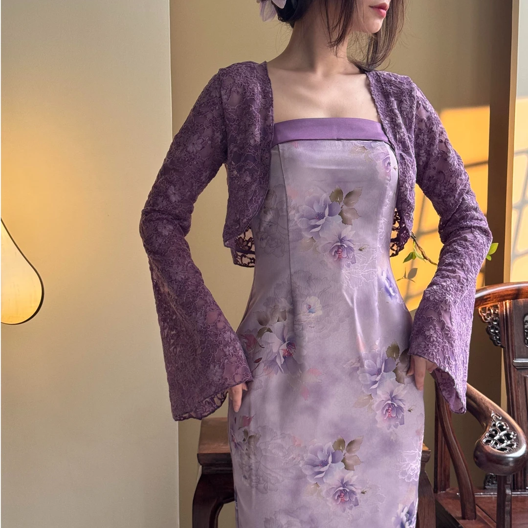 新中式国风温柔蕾丝坎肩大袖口开衫  紫啧外套
