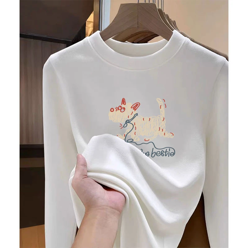 德绒正肩白色洋气磨毛长袖t恤女潮流时尚百搭保暖上衣内搭加厚打