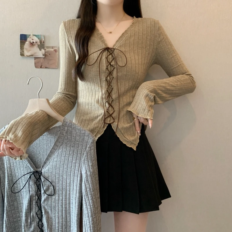 大码女装2025秋季韩系纯欲针织打底衫设计感长袖抽绳上衣2180