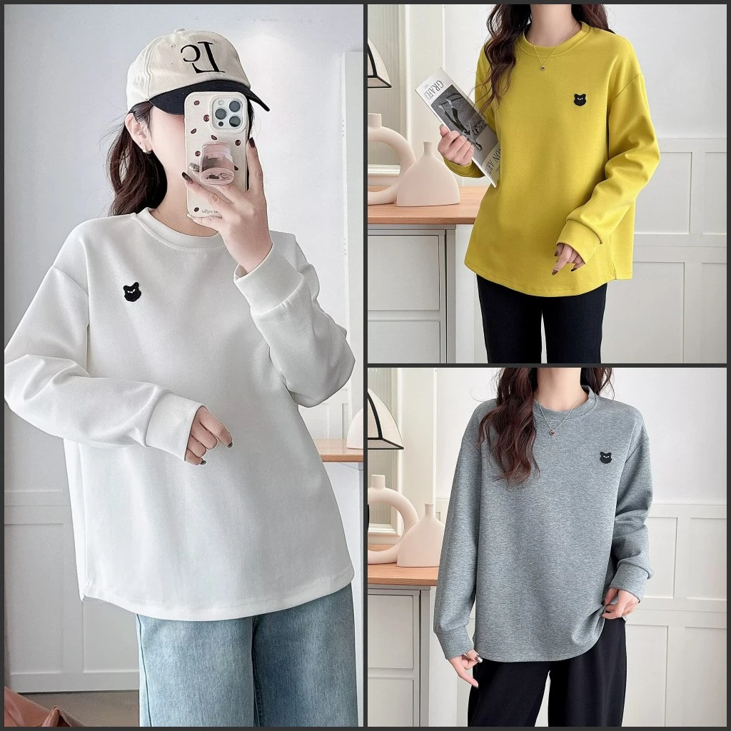 大码胖mm早春新款简约百搭显瘦贴标圆领打底衫女宽松减龄休闲上衣