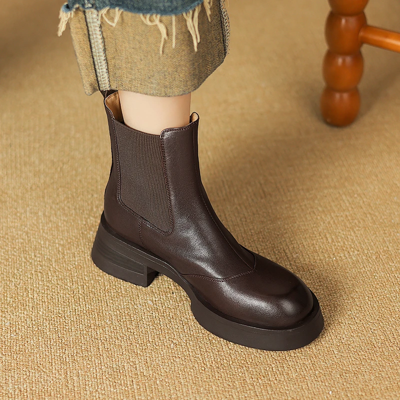 5cm/2025秋冬新款百搭厚底真皮切尔西短靴女粗跟马丁靴