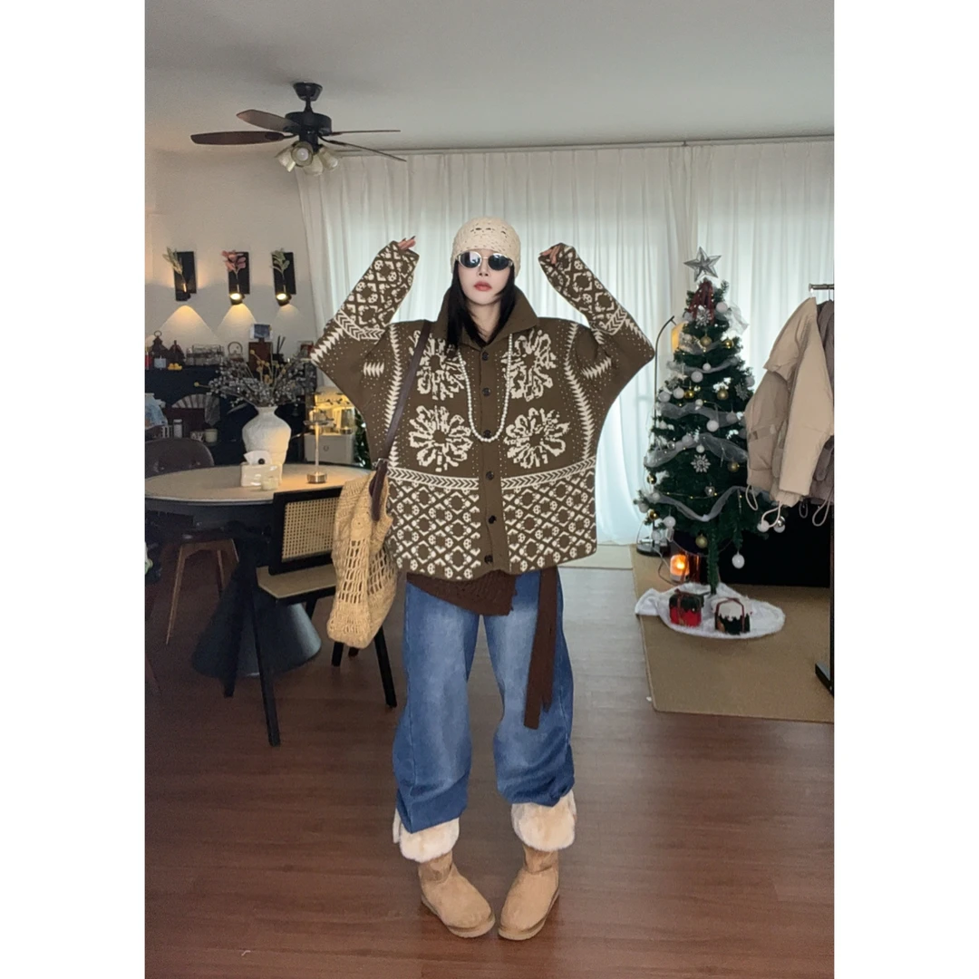 韩系慵懒风复古费尔岛宽松百搭提花高级设计感毛衣秋冬新款针织衫