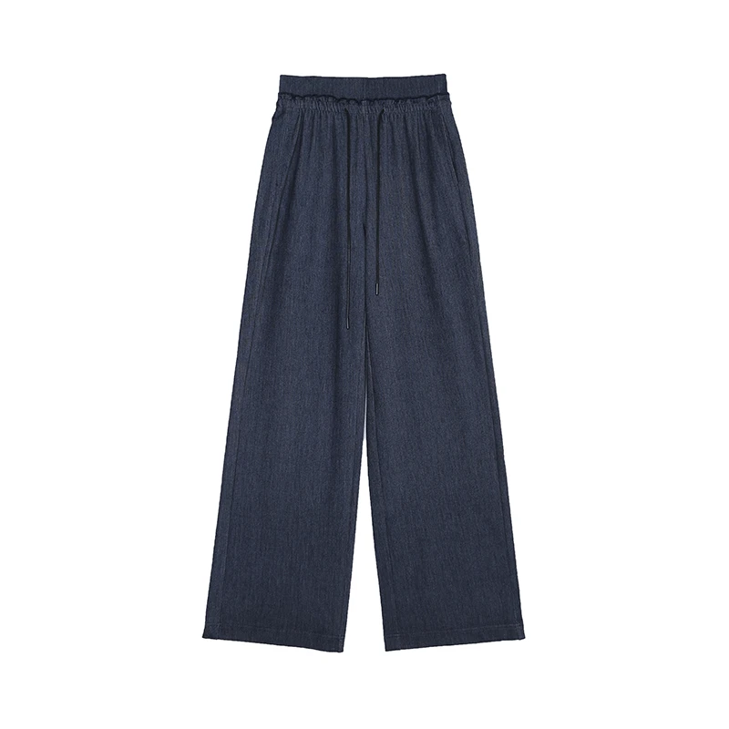 时髦随性垂坠亲肤简约深蓝色纯色百搭宽松阔腿裤22306