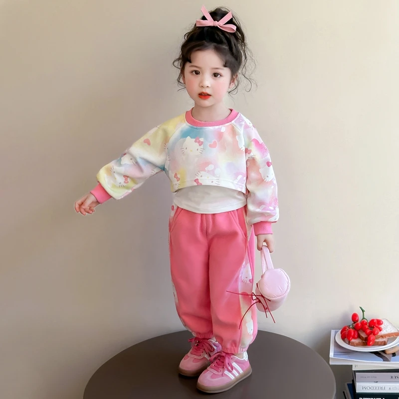 女童满印可爱猫咪假两件套装春秋新款洋气时髦卡通卫衣运动两件套
