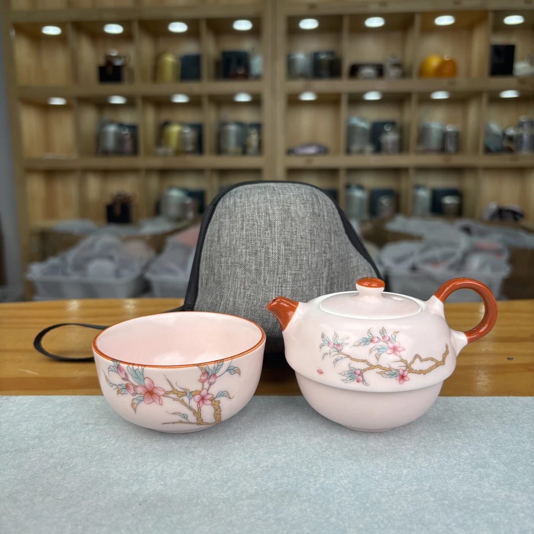 粉汝【桃花】女生个人泡-带包 1壶1杯陶瓷泡茶便携旅行套 C0893