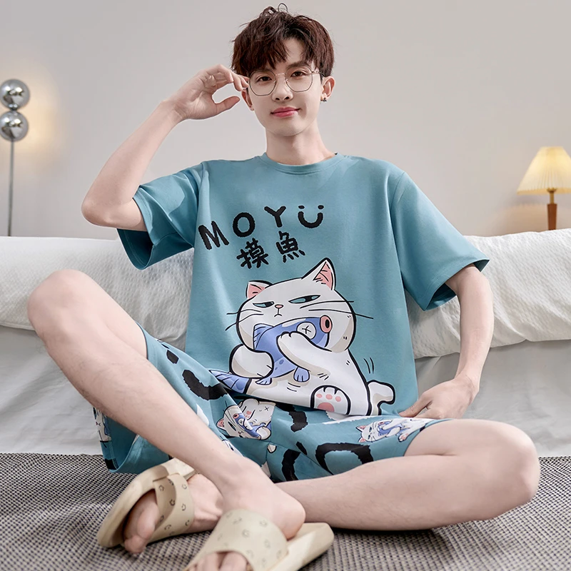 纯棉男士睡衣夏季短袖薄款大码男款夏天青少年卡通学生家居服套装