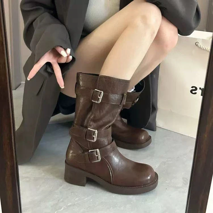 HS裤管褶皱堆堆靴女爆款新款秋冬中筒骑士靴黑色靴子美拉德长筒