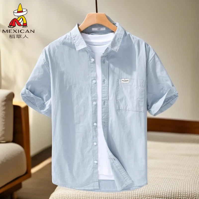 稻草人纯棉短袖衬衫男2025新款夏季薄款修身日系复古长袖百搭衬衣