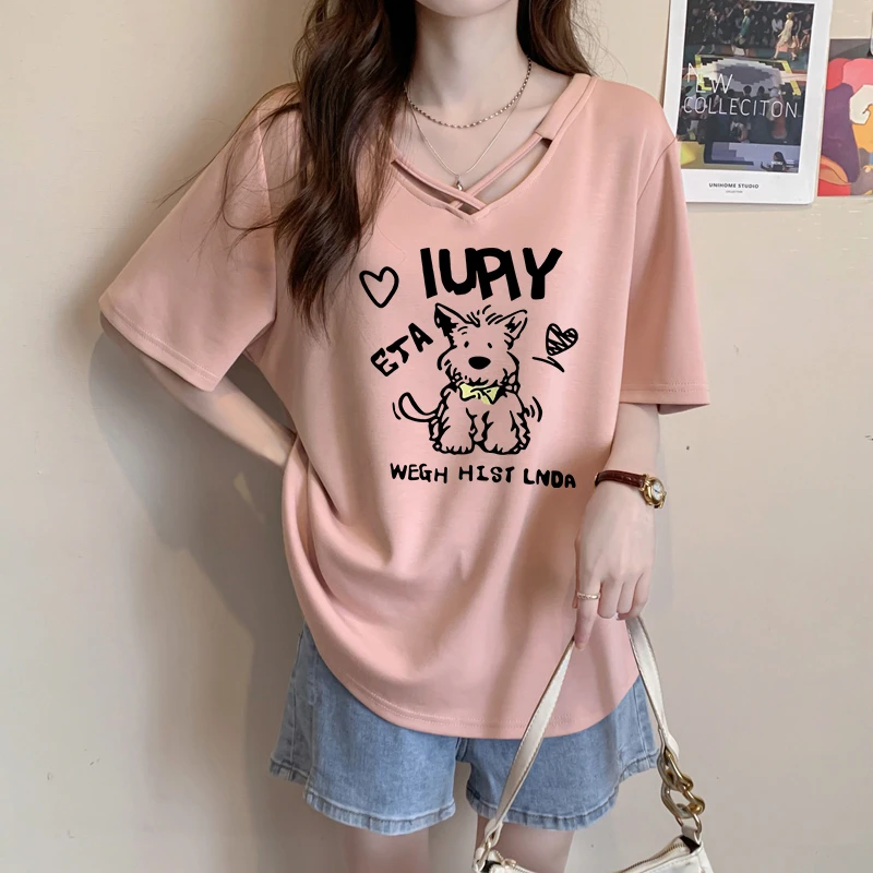 V领短袖T恤女夏季爆款宽松胖mm时尚百搭减龄卡通大码遮肉显瘦上衣