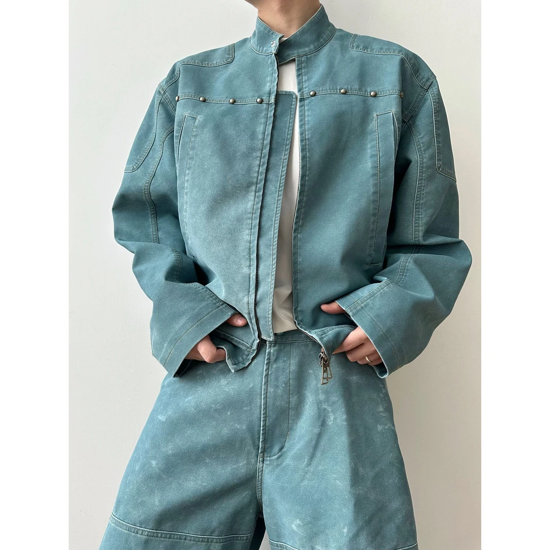 dannyandzee秋冬复古松石绿水洗做旧随机炒雪花做旧PU皮夹克830