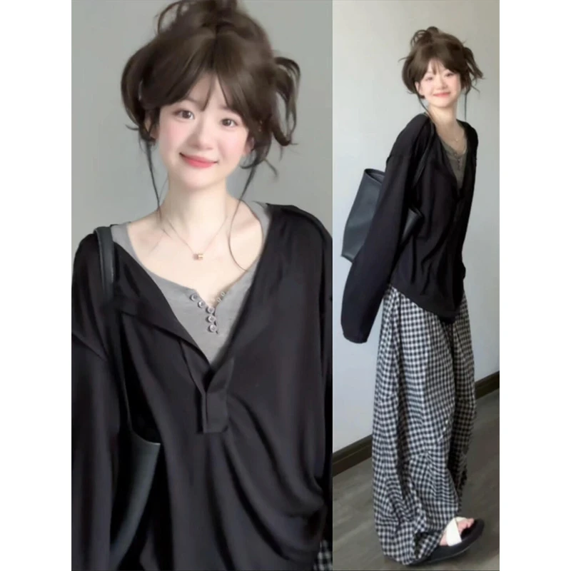 MARIE.COCO美式复古假两件拼接长袖T恤上衣女秋季格纹阔腿休闲裤