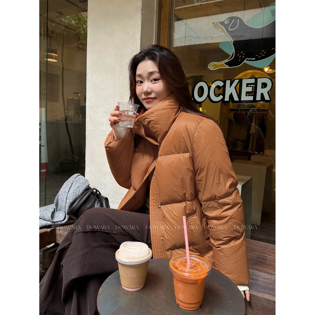 大婉酱微胖定制【焦糖南瓜】韩系90白鸭绒羽绒服正肩立领外套 0030D