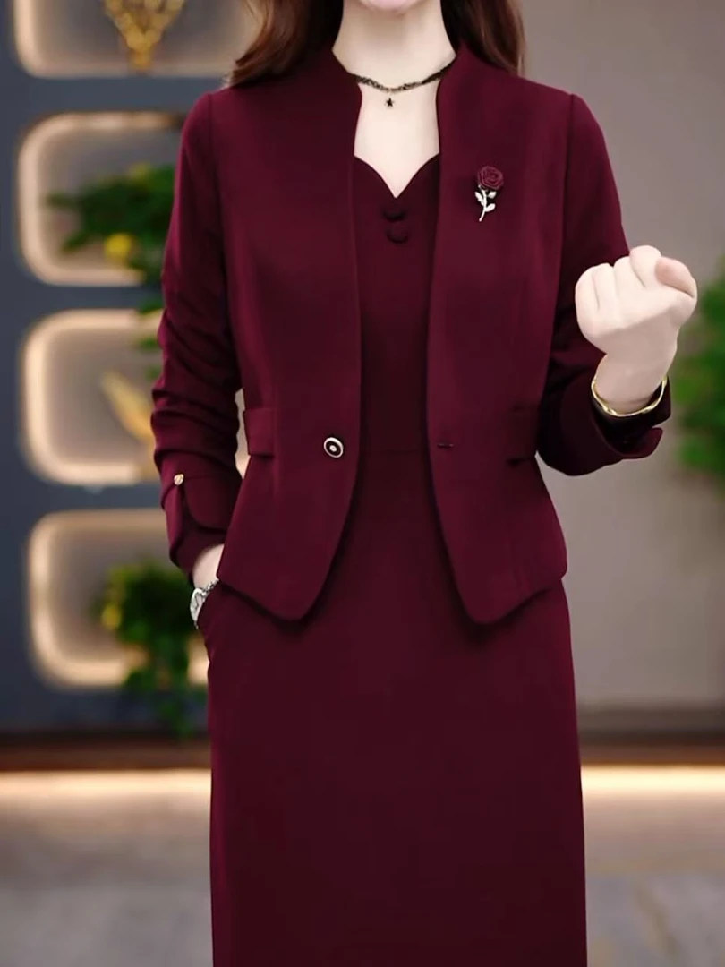 轻奢高级感长袖两件套连衣裙女2025春秋新款妈妈婚宴礼服套装裙子