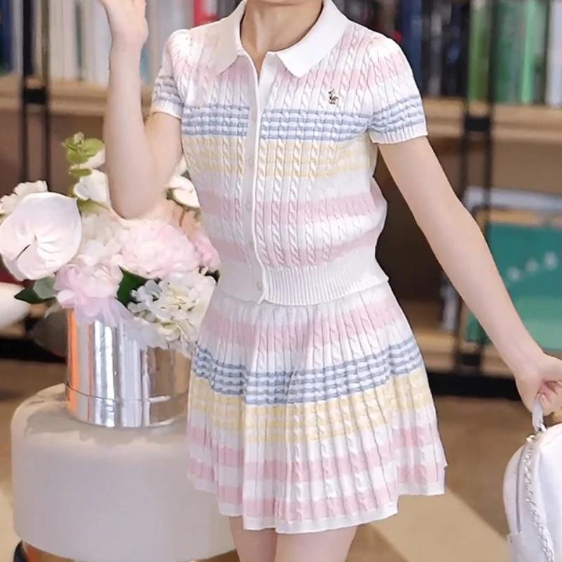 女童夏装学院洋气中大儿童女孩针织彩虹POLO领毛衣半身裙两件套装