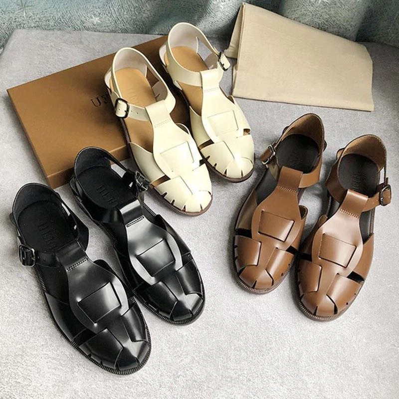 西班牙小众hereu真皮复古平底玛丽珍编织凉鞋女一字扣带罗马鞋女