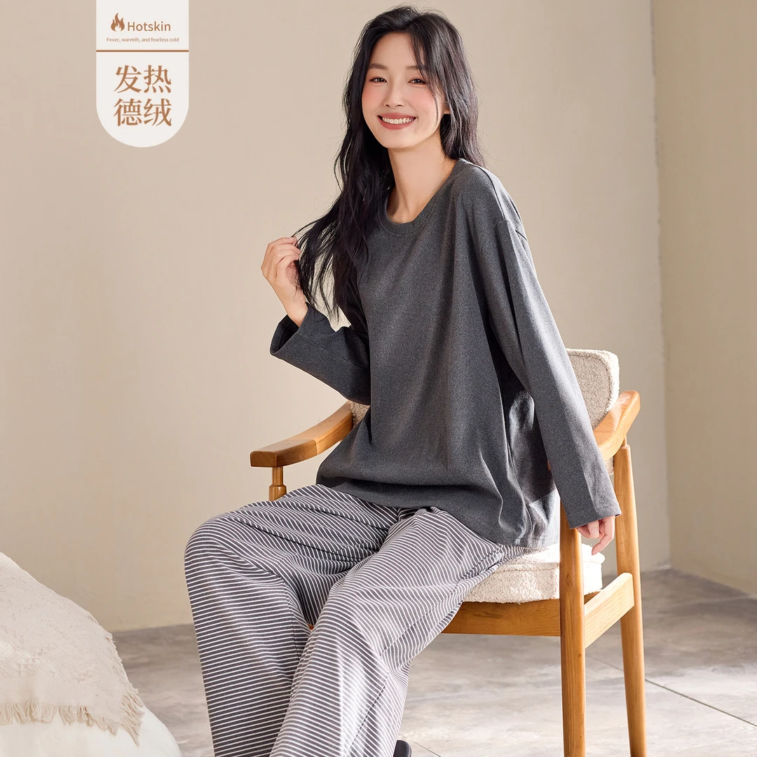 秋冬季睡衣女款德绒保暖长袖长裤圆领套头可外穿家居服休闲套装