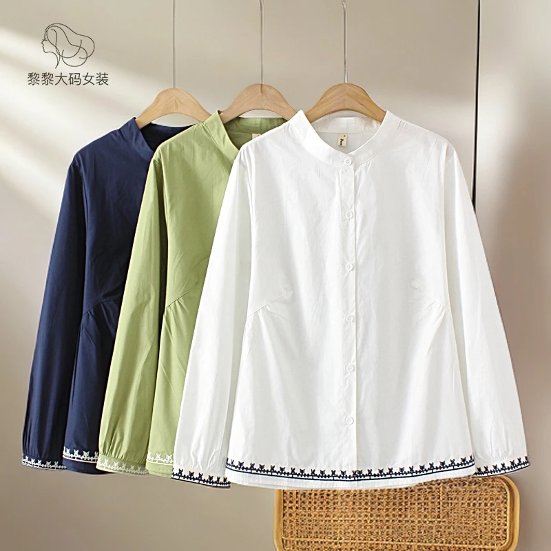 中年胖妈妈装春秋新款纯棉衬衣大码宽松洋气刺绣女士纯色长袖衬衫
