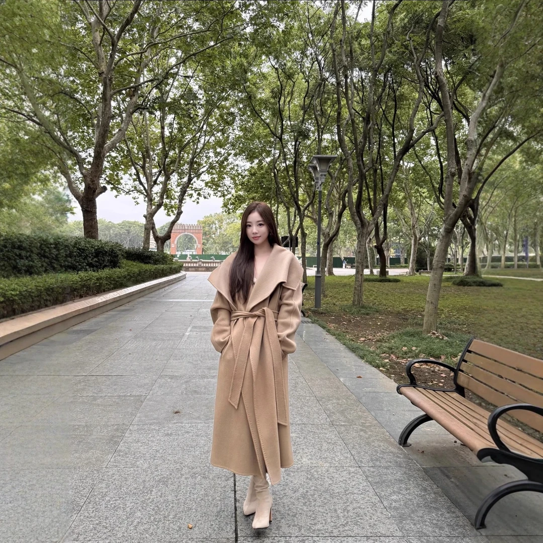 驼色M家Rienza大翻领系带珠边秋冬长款气质风女款双面羊毛呢大衣