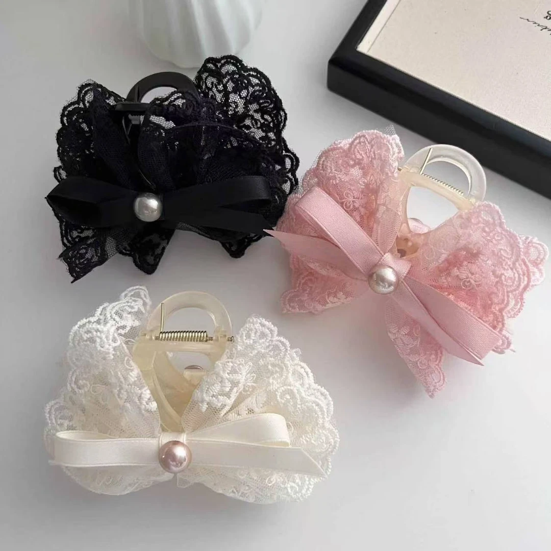 蕾丝蝴蝶结发夹公主后脑勺盘发鲨鱼中国风超仙蕾结发夹高贵洋气