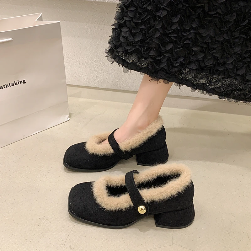 粗跟复古玛丽珍毛毛鞋外穿女鞋2025秋冬新款加绒保暖棉鞋百搭单鞋