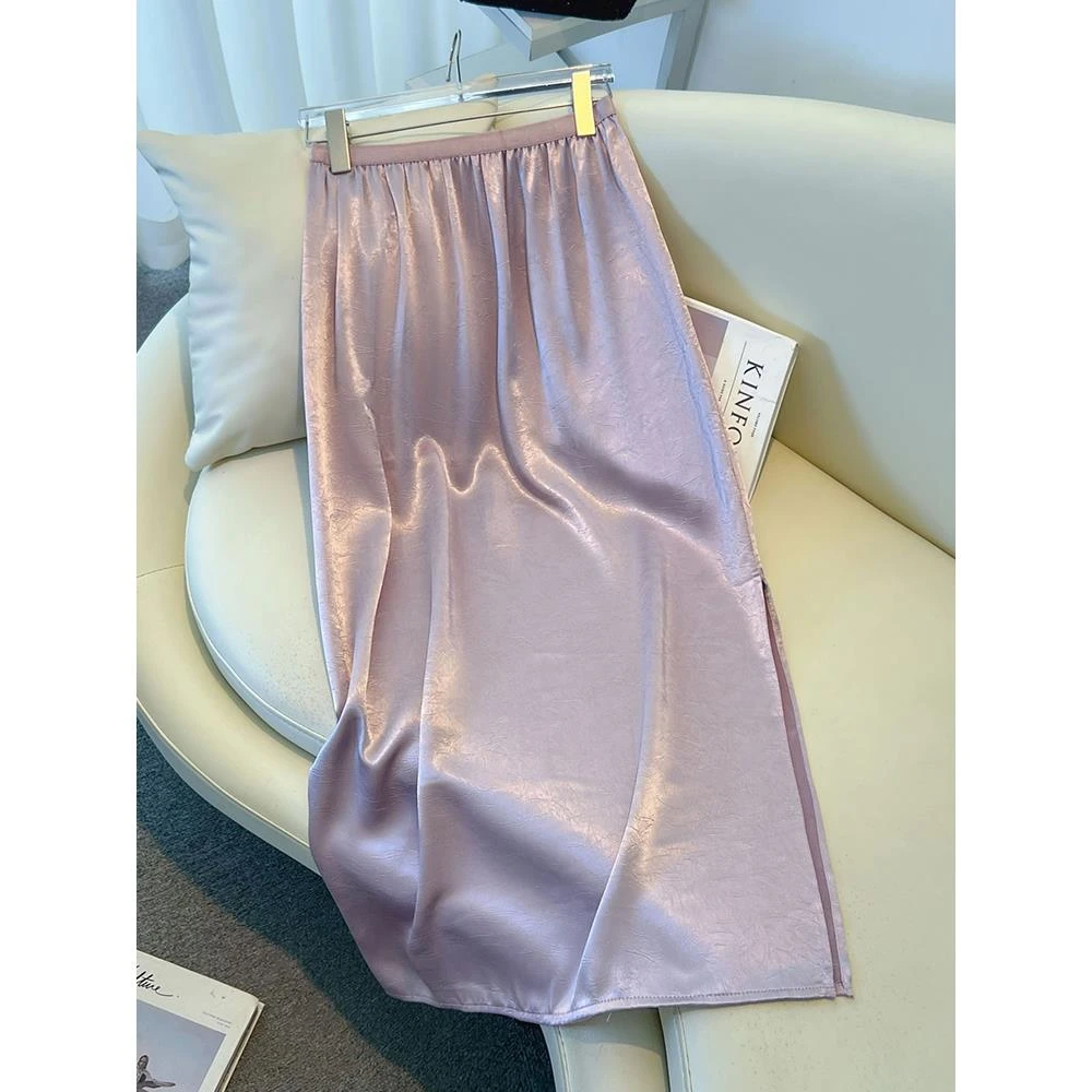 醋酸缎面开叉半身裙女夏季薄款2025新款垂坠感爆款a字直筒包臀裙