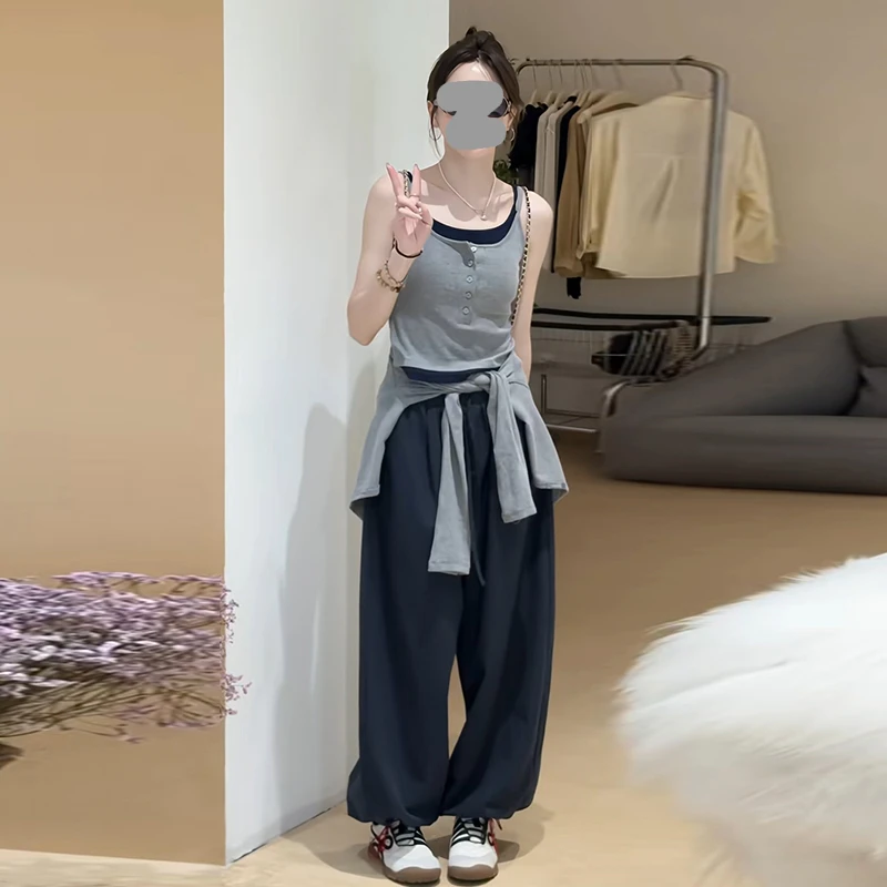 韩版时尚运动套装女2025春秋新针织吊带背心开衫上衣阔腿裤三件套