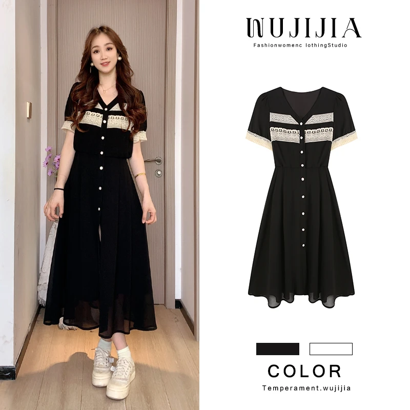 五季家【海滨微风】大码女装拼接时尚黑色长短款连衣裙ZL53706